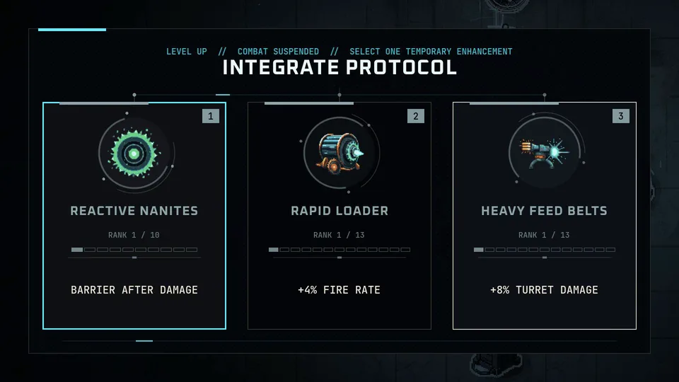 The level-up screen with three upgrades to pick from